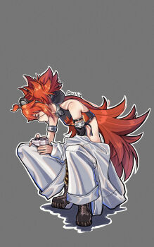 1girl absurdres ahoge animal_ears bare_shoulders bear_ears black_gloves breasts commentary crop_top english_commentary eyepatch fake_animal_ears fingerless_gloves gloves guinii4 hair_between_eyes hair_ornament highres holding koleda_belobog long_hair looking_at_viewer midriff navel pants red_eyes red_hair solo sphere_hair_ornament twintails zenless_zone_zero