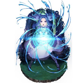 1girl artist_request black_boots blue_ribbon boots bush child d: dark dress floating_hair forehead forest frilled_dress frills full_body game_cg hair_intakes hair_ribbon hands_up hydrokinesis incoming_attack layered_sleeves light_particles long_hair long_sleeves looking_at_viewer magic magic_circle medium_dress melty_q_melromarc nature neck_ribbon official_art on_grass open_mouth pantyhose purple_dress purple_eyes purple_hair purple_ribbon ribbon short_over_long_sleeves short_sleeves simple_background solo standing straight-on tate_no_yuusha_no_nariagari tate_no_yuusha_no_nariagari_rerise teeth tongue transparent_background tree turtleneck turtleneck_dress twintails two-tone_dress upper_teeth_only v-shaped_eyebrows water white_dress white_pantyhose