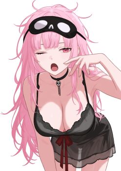 1girl absurdres alternate_costume bare_shoulders black_choker black_mask black_nightgown breasts choker cleavage collarbone danimocles double_strap_slip dress highres hololive hololive_english lace-trimmed_nightgown large_breasts long_hair looking_at_viewer mask mask_on_head messy_hair mori_calliope mori_calliope_(sleepwear) nightgown official_alternate_costume open_mouth pink_eyes pink_hair red_eyes skull_choker skull_collar sleep_mask sleepwear solo virtual_youtuber