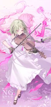 1girl absurdres bandages bandages_over_eyes black_gloves blunt_bangs braid breasts commentary_request detached_sleeves dress flower frilled_dress frills full_body gloves grey_hair highres holding holding_instrument holding_violin instrument long_hair multicolored_hair music phrolova_(wuthering_waves) pink_streaks playing_instrument red_eyes sideboob siole small_breasts smile spider_lily twin_braids twintails two-tone_hair violin white_dress wuthering_waves