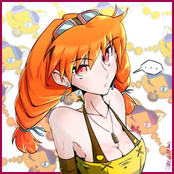 1girl 2020 aika_(eternal_arcadia) braid breasts cleavage eternal_arcadia goggles goggles_on_head haysey highres medium_breasts orange_hair red_eyes solo twin_braids