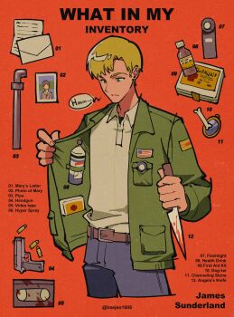 1boy american_flag belt belt_buckle black_shirt blonde_hair blood bloody_weapon blue_pants bone bottle brown_belt buckle bullet collared_shirt cowboy_shot cropped_legs english_text envelope first_aid_kit flashlight green_jacket gun haejeo1008 handgun highres holding holding_knife jacket james_sunderland knife lead_pipe letter male_focus mary_shepherd-sunderland open_clothes open_jacket orange_background pants parted_bangs photo_(object) portrait shirt short_hair silent_hill_(series) silent_hill_2 solo speech_bubble twitter_username undershirt videocassette weapon white_shirt