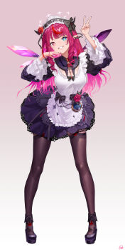 absurdres apron asymmetrical_wings black_dress black_thighhighs black_wings blue_eyes breasts cleavage dress full_body gbk43023471 highres hololive hololive_english irys_(hololive) large_breasts long_hair maid maid_headdress mismatched_wings multicolored_hair purple_eyes purple_hair red_hair streaked_hair thighhighs two-tone_hair v virtual_youtuber white_apron white_wings wings