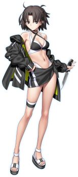 1girl bare_shoulders beach bikini black_bikini black_choker black_jacket black_sarong breasts brown_eyes brown_hair choker closed_mouth collarbone contrapposto criss-cross_halter curtained_hair expressionless fate/grand_order fate_(series) full_body game_cg halterneck hand_on_own_hip highres holding holding_knife holding_weapon jacket jacket_partially_removed knife layered_bikini long_sleeves looking_at_viewer medium_breasts navel official_art open_clothes open_jacket outline reverse_grip ryougi_shiki ryougi_shiki_(swimsuit_mooncancer)_(first_ascension) sandals sarong second-party_source short_hair solo standing swimsuit tachi-e takeuchi_takashi thigh_strap transparent_background weapon white_outline white_sandals