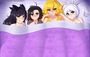4girls ahoge animal_ears bed black_hair blake_belladonna blonde_hair blue_eyes blush bow cat_ears earrings gradient_hair grey_eyes hair_bow high_ponytail highres jewelry long_hair multicolored_hair multiple_girls naughty_face ponytail purple_eyes red_hair rooster_teeth ruby_rose rwby shirt short_hair smile t-shirt tongue tongue_out twistedscarlett60 under_covers weiss_schnee white_hair yang_xiao_long yellow_eyes