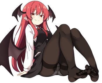 1girl absurdres black_skirt black_vest brown_pantyhose collared_shirt commentary demon_wings feet head_wings highres koakuma korra_down long_hair long_sleeves looking_at_viewer necktie panties panties_under_pantyhose pantyhose pointy_ears red_eyes red_hair red_necktie shirt sitting skirt skirt_set smile solo toes touhou underwear very_long_hair vest white_shirt wings