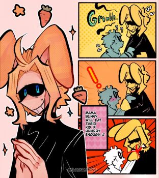 ! 2boys ? alternate_language animal_ears biting biting_another's_hand biting_hand black_sclera black_shirt blonde_hair blood blue_eyes blush boku_no_hero_academia carrot colored_sclera comic commentary english_commentary english_text flockofbuns freckles highres holding_another's_wrist kemonomimi_mode looking_at_another looking_at_viewer male_focus midoriya_izuku multiple_boys open_mouth own_hands_together pink_background rabbit_boy rabbit_ears shirt short_hair simple_background smile star_(symbol) twitter_username yagi_toshinori