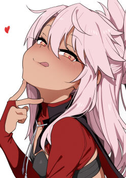 1girl black_cape blush breasts bridal_gauntlets cape chloe_von_einzbern chloe_von_einzbern_(archer_install) dark-skinned_female dark_skin fate/kaleid_liner_prisma_illya fate_(series) hair_bun hair_ornament hairpin half_updo heart highres licking_lips long_hair long_sleeves looking_at_viewer orange_eyes pink_hair red_shrug rougetsu_(eclipse) shrug_(clothing) sidelocks small_breasts smile solo tongue tongue_out