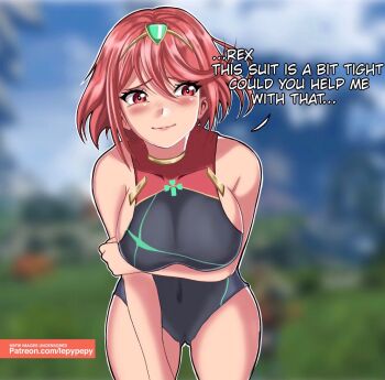 1girl arm_under_breasts bare_shoulders blush breasts cameltoe circlet closed_mouth competition_swimsuit english_text feet_out_of_frame female_focus headpiece large_breasts lepypepy navel one-piece_swimsuit patreon_username pyra_(pro_swimmer)_(xenoblade) pyra_(xenoblade) red_eyes red_hair shiny_skin sleeveless smile solo standing swimsuit thighs watermark web_address xenoblade_chronicles_(series) xenoblade_chronicles_2