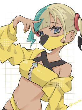 1girl aqua_hair armpit_crease bandeau bare_shoulders black_mask blonde_hair blue_eyes blush breasts canari_(pokemon) center-flap_bangs cleavage commentary_request criss-cross_halter criss-cross_straps crop_top cropped_jacket english_text grid_background halterneck highres jacket looking_at_viewer mask mask_pull medium_breasts mega_ring mega_stone midriff mouth_mask multicolored_hair navel nintendo pants pokemon pokemon_legends:_z-a short_twintails sinya_5zi solo split-color_hair stomach twintails twitter_username two-tone_hair two-tone_mask two-tone_pants v yellow_bandeau yellow_jacket yellow_mask zipper