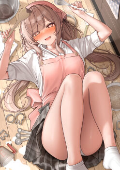 Rule 34 | 1girl, @ @, apron, black skirt, blush, brown eyes, brown hair, commentary, commentary request, english commentary, highres, holding, holding spatula, holding whisk, imouto-chan (monaka curl), looking at viewer, lying, mixed-language commentary, monaka curl, on back, open mouth, original, paid reward available, pink apron, shirt, skirt, socks, solo, spatula, thighs, whisk, white shirt, white socks, wooden floor
