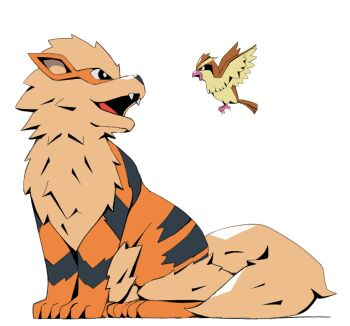 Rule 34 | arcanine, black eyes, bright pupils, commentary, eye contact, fangs, gen 1 pokemon, highres, looking at another, nintendo, no humans, open mouth, pidgey, pokemon, pokemon (creature), pokemon focus, psaber97, sitting, tongue, white background, white pupils