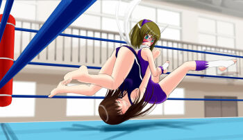 Rule 34 | #13, 2girls, alternate costume, animal ears, arena, ayano (#13), bare legs, barefoot, blue eyes, blush, brown hair, cat ears, feet, multiple girls, soles, sumire (#13), tears, toeless legwear, toes, wrestling, wrestling ring