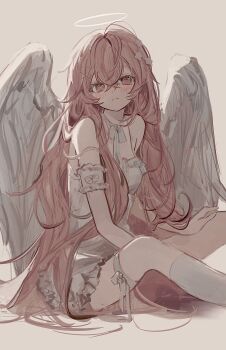1girl absurdres angel angel_wings blush closed_mouth halo highres long_hair original red_hair sitting solo sushineko8 very_long_hair wings