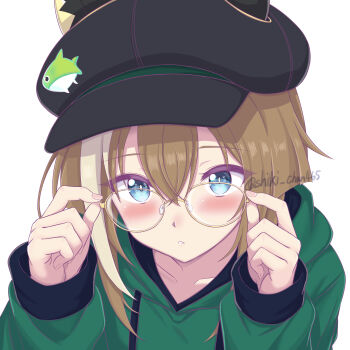 1girl absurdres adjusting_eyewear animal_ears blue_eyes blush brown_hair casual chanshiki cheval_grand_(casual)_(umamusume) cheval_grand_(umamusume) collarbone commentary_request drawstring ears_through_headwear fish_hat_ornament glasses green_hoodie hair_between_eyes hat highres hood hoodie horse_ears horse_girl long_sleeves multicolored_hair parted_lips simple_background streaked_hair umamusume white_background white_hair