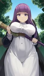 Rule 34 | 1girl, absurdres, black robe, blue sky, blunt bangs, breasts, closed mouth, dress, fern (sousou no frieren), from below, highres, holding, holding staff, holding weapon, large breasts, long hair, looking at viewer, purple eyes, purple hair, robe, seukare, sky, solo, sousou no frieren, staff, straight hair, tree, weapon, white dress