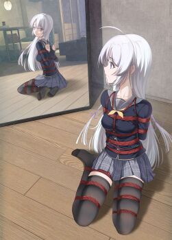 Rule 34 | 1girl, absurdres, ahoge, arms behind back, ayachi nene, bdsm, black jacket, black thighhighs, bondage, bound, bound arms, bound breasts, bound legs, bound thighs, bound torso, breasts, chinese commentary, closed mouth, collarbone, commentary request, commission, feet, female focus, frogtie, frown, full-length mirror, full body, furrowed brow, grey hair, grey sailor collar, grey skirt, hair ribbon, highres, indoors, jacket, liangfangliangfangliang, long hair, long sleeves, looking at mirror, medium breasts, miniskirt, mirror, no shoes, on floor, plaid clothes, plaid skirt, pleated skirt, profile, purple eyes, purple ribbon, reflection, restrained, ribbon, sailor collar, sanoba witch, school uniform, second-party source, serafuku, shibari, shibari over clothes, sidelocks, sitting, skindentation, skirt, soles, solo, straight hair, thighhighs, thighs, toes, variant set, very long hair, wooden floor, yokozuwari, zettai ryouiki