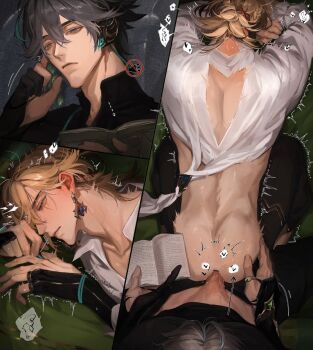 2boys ahoge alhaitham_(genshin_impact) anal ass back back_cutout bar_censor black_gloves black_hair black_pants black_shirt blonde_hair blush book censored closed_mouth clothes_pull clothing_cutout collarbone collared_shirt doggystyle earrings fingerless_gloves genshin_impact gloves grabbing_another&#039;s_ass green_eyes green_hair grey_hair groping hair_between_eyes hair_ornament hairclip hand_on_another&#039;s_ass headphones heart holding holding_book jewelry kaveh_(genshin_impact) long_sleeves male_focus male_penetrated multicolored_hair multiple_boys open_book open_mouth pants pants_pull partially_fingerless_gloves penis reading red_eyes ring sex sex_from_behind shirt short_hair speech_bubble squatting thighlet torn_clothes trembling two-tone_hair vyqi white_shirt yaoi