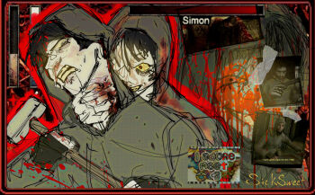 black_gloves black_hair blood blood_in_hair blood_on_clothes blood_on_hands blood_splatter border clenched_teeth closed_eyes colored_sclera colored_teeth constricted_pupils crazy_eyes cry_of_fear crying dual_persona english_text fingerless_gloves gloves grey_hoodie hammer head_tilt health_bar highres holding holding_hammer hood hood_up hoodie hug hug_from_behind male_focus multiple_views ornate_border outline photo_inset red_border red_outline s1ck-sweet short_hair simon_henriksson simon_henriksson_(book) strangling sweatdrop teeth wide-eyed yellow_sclera yellow_teeth