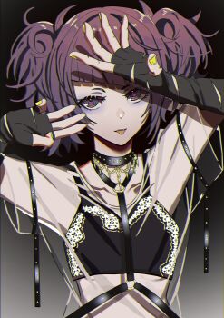 1girl absurdres black_choker black_gloves blunt_bangs choker commentary_request eyelashes fingerless_gloves fingernails gloves gradient_background highres idolmaster idolmaster_shiny_colors mek_number nail_polish piercing purple_eyes purple_hair solo tanaka_mamimi tongue tongue_out tongue_piercing torn_clothes torn_gloves twintails upper_body yellow_nails