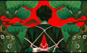 Rule 34 | 1boy, absurdres, aomi (ooe), black jacket, bound, collared shirt, commentary, facing away, formal clothes, from behind, highres, jacket, kurosawa (adelta), limited palette, male focus, mountain, official art, ooe (game), plant, praying, red background, shirt, sun, symmetrical hand pose, symmetry, tied up (nonsexual), tree, untranslatable commentary, white shirt