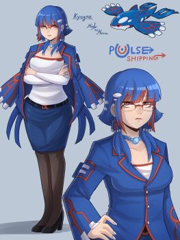 Rule 34 | 1girl, 2026, absurdres, belt, black shoes, blue background, blue hair, blue nails, blue skirt, breasts, brown pantyhose, closed mouth, coat, coat on shoulders, commentary, english commentary, female focus, full body, gen 3 pokemon, hand on own hip, high heels, highres, humanization, jewelry, kyogre, legendary pokemon, looking at viewer, medium breasts, mielthemouse, multicolored hair, multiple views, necklace, nintendo, pantyhose, pearl necklace, pokemon, pumps, red-tinted eyewear, red hair, red lips, red trim, serious, shirt, shoes, simple background, skirt, streaked hair, tinted eyewear, variant set, white shirt, yellow eyes