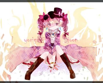 1girl black_boots black_hat blonde_hair blue_gemstone boots bow character_name closed_mouth coat commentary_request dress drill_hair expressionless eyewear_on_head flower full_body gem hat hat_bow jewelry looking_at_viewer necklace one-hour_drawing_challenge pink_bow purple_coat round_eyewear shinjitsu_no_kuchi sitting solo sunglasses top_hat touhou twin_drills white_background white_dress white_flower yellow_eyes yorigami_jo&#039;on