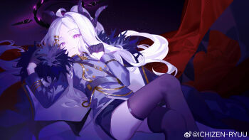 1girl absurdres ahoge black_coat black_gloves black_halo black_skirt blue_archive closed_mouth coat crossed_legs demon_girl demon_horns demon_wings fur_collar gloves halo highres hina_(blue_archive) horns jacket long_hair looking_at_viewer lying on_back parted_bangs purple_eyes purple_jacket purple_thighhighs ryuuforkaf skirt smile solo thighhighs white_hair wings
