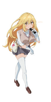 1girl absurdres anime_coloring bag blonde_hair breasts brown_eyes brown_shoes brown_sweater_vest chain chain_between_breasts ci31205 collared_shirt commentary_request controller dated elbow_gloves full_body gloves grey_skirt hair_between_eyes handbag highres holding holding_remote_control large_breasts leaning_forward loafers long_hair looking_at_viewer miniskirt official_style pleated_skirt remote_control school_emblem school_uniform shirt shoes shokuhou_misaki short_sleeves skirt smile solo sparkling_eyes spider_web_print star_(symbol) star_print summer_uniform sweater_vest thighhighs toaru_kagaku_no_mental_out toaru_kagaku_no_railgun toaru_majutsu_no_index tokiwadai_school_uniform v-neck very_long_hair white_background white_gloves white_shirt white_thighhighs zettai_ryouiki