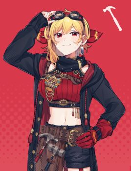 1girl arm_up asymmetrical_sidelocks belly black_scarf black_shorts commentary costume_request earrings eyewear_on_head gloves hair_behind_ear hairband hammer hand_on_own_hip highres hololive hololive_indonesia jacket jewelry kaela_kovalskia kaela_kovalskia_(4th_costume) light_smile looking_at_viewer mitsumine_(ookami_no_oyashiro) navel red_eyes red_gloves red_hairband redrawn scarf shorts sidelocks simple_background single_earring single_glove steampunk symbol-only_commentary tinted_eyewear tools virtual_youtuber