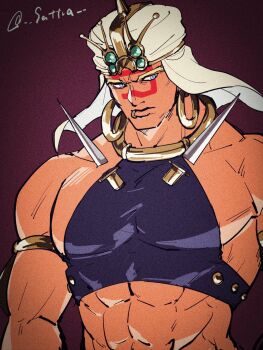 Rule 34 | 1boy, abs, abunaideka, battle tendency, blue eyes, commentary request, crop top, earrings, face piercing, facepaint, highres, hoop earrings, jewelry, jojo no kimyou na bouken, lip piercing, lip ring, male focus, muscular, muscular male, pectorals, piercing, sidepec, solo, turban, wamuu