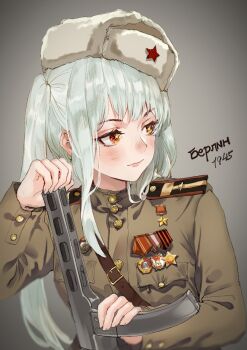 Rule 34 | 1945, 1girl, army, brown shirt, buttons, closed mouth, commentary request, fur hat, grey background, gun, hat, hat ornament, holding, holding gun, holding weapon, indie virtual youtuber, insignia, lips, long hair, long sleeves, looking to the side, medal, military, military hat, military rank insignia, military uniform, multicolored eyes, nanaha redstar, one side up, orange eyes, order of lenin, order of the red banner, photo-referenced, ppsh-41, red star, revision, ribbon of saint george, russian text, shirt, shoulder boards, smile, soldier, soviet, soviet army, star (symbol), star hat ornament, submachine gun, translated, tuziki sang, ushanka, virtual youtuber, weapon, white hair, white hat, yellow eyes