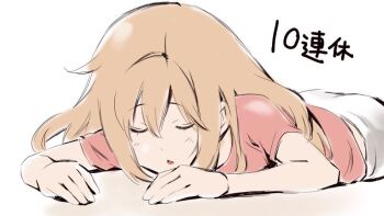 1girl blonde_hair brown_eyes chestnut_mouth closed_eyes hair_between_eyes long_hair lying midriff_peek minami-ke minami_haruka official_art on_stomach open_mouth pink_shirt sakuraba_koharu shirt sidelocks simple_background sketch skirt sleeping solo t-shirt white_background white_skirt