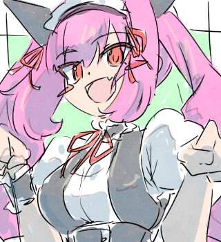 1girl akiha_rumiho belt_around_waist blush breasts commentary_request fang hair_ribbon looking_at_viewer mayqueen_maid_uniform neck_ribbon open_mouth paw_pose pink_eyes pink_hair red_ribbon ribbon sadarann science_adventure smile solo steins;gate tongue twintails upper_body