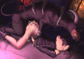 1girl bestiality biting_hair black_hair black_jacket cum cum_overflow doggystyle gen_2_pokemon grin highres houndoom jacket loli marnie_(pokemon) nintendo peachyp pokemon pokemon_swsh pokephilia rolling_eyes sex sex_from_behind smile top-down_bottom-up twintails