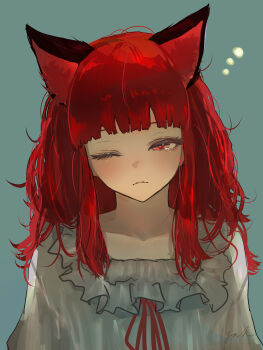 1girl absurdres alternate_costume animal_ears blue_background blunt_bangs cat_ears cat_girl closed_mouth collarbone commentary_request eneshi eyelashes frown hair_undone half-closed_eye highres kaenbyou_rin long_hair loose_hair_strand messy_hair neck_ribbon nightgown one_eye_closed red_eyes red_hair red_ribbon ribbon simple_background sleepy solo squeans touhou upper_body white_nightgown