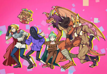 Rule 34 | 1boy, 2others, 3girls, armor, bibika 0803, black boots, black hair, blonde hair, boots, breasts, brown gloves, brown thighhighs, cape, choker, circlet, cleavage, colored skin, dark-skinned female, dark skin, destiny heartwarming, dragon, gloves, green cape, hair over eyes, hand in pocket, highres, hirose natsuko, hood, hoodie, justice (zenshuu), knee boots, locked arms, long hair, luke braveheart, mask, medium breasts, memmeln (zenshuu), multiple girls, multiple others, navel, pink background, pointy ears, ponytail, prple hair, purple hoodie, qj (zenshuu), red cape, red shoes, red skin, robot, shoes, sitting, tail, thighhighs, toeless legwear, toned, toned female, zenshuu