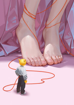 1boy 1girl absurdres barefoot chinese_commentary close-up commentary_request feet foot_focus hand_on_own_hip highres liu_yongtai mini_person miniboy object_head original pants pink_theme shadow shiny_skin shirt shoes signature string string_of_fate toenails toes white_shirt white_shoes