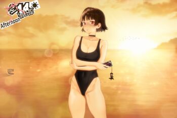 Rule 34 | 1girl, absurdres, amamiya ren, beach, breasts, cellphone, choker, cleavage, crossed arms, female focus, highres, joker (persona 5), large breasts, looking at viewer, niijima makoto, one-piece swimsuit, persona, persona 5, phone, raumaru, red eyes, short hair, solo, swimsuit