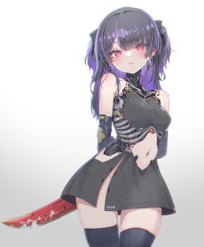 1girl absurdres android bare_shoulders black_hair breasts dagger dress earrings highres jewelry knife long_hair looking_at_viewer mechabare medium_breasts navel oota_youjo original pink_eyes purple_hair science_fiction smile solo thighhighs two_side_up weapon