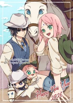 1boy 1girl 2026 black_eyes black_hair blue_eyes blue_necktie blue_shorts blue_vest breasts chibi chibi_inset chinese_zodiac collarbone commentary_request cowboy_hat denim denim_shorts facial_mark forehead_mark furrowed_brow green_eyes green_hat hair_between_eyes hand_in_own_hair happy_new_year haruno_sakura hat hat_on_back holding holding_reins horse light_blush medium_breasts medium_hair midriff mmcatsong naruto_(series) naruto_shippuuden necktie new_year open_mouth pink_hair reins shirt short_hair shorts sitting smile uchiha_sasuke vest white_hat white_shirt year_of_the_horse