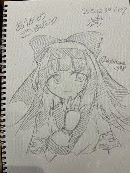 1girl ainu_clothes artist_name breasts dated fingerless_gloves gloves hair_ribbon half-closed_eyes highres japanese_text long_hair looking_at_viewer medium_breasts monochrome nakoruru ribbon samurai_spirits sketch smile snk solo the_king_of_fighters traditional_media translated