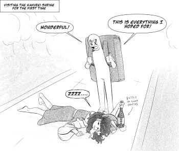 Rule 34 | 1girl, 1other, alcohol, arrow (symbol), backpack, bag, bottle, commentary, drunk, english commentary, english text, full body, greyscale, hakurei reimu, highres, knucksthechucks, lying, monochrome, on stomach, open mouth, sake, sake bottle, sleeping, smile, speech bubble, spoken zzz, standing, touhou, translation request, zzz