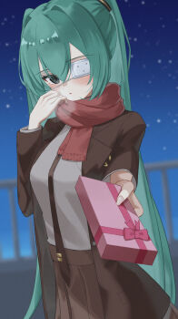 1girl absurdres adjusting_scarf aqua_eyes aqua_hair blush box breath brown_jacket brown_necktie brown_skirt commentary_request double-parted_bangs eyepatch gift gift_box grey_shirt hair_between_eyes hand_up hatsune_miku highres holding holding_box holding_gift incoming_gift jacket long_sleeves looking_at_viewer medical_eyepatch monitoring_(vocaloid) necktie night nokuto09 open_clothes open_jacket outdoors parted_lips pleated_skirt railing red_scarf scarf shirt skirt sky solo star_(sky) starry_sky tie_clip twintails upper_body valentine vocaloid