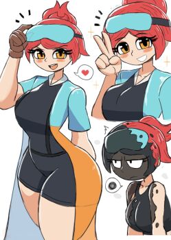 Rule 34 | 1girl, absurdres, amber (tony welt), angry, black shirt, black shorts, blue coat, blush, breasts, brown gloves, coat, collarbone, dirty, dirty clothes, dirty face, eyewear on head, gloves, goggles, goggles on head, grin, hair bun, heart, highres, lab coat, large breasts, looking at viewer, multiple views, open clothes, open coat, open mouth, original, red hair, shirt, short sleeves, shorts, smile, sparkle, speech bubble, spoken heart, standing, tank top, teeth, thick thighs, thighs, tony welt, v, white background, wide hips, yellow eyes