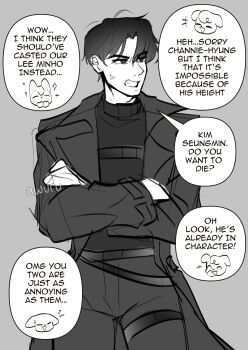 1boy absurdres anger_vein areuwuu black_coat black_hair black_shirt chest_belt coat cowboy_shot crossed_arms curtained_hair english_text greyscale high_collar highres leg_belt male_focus monochrome omniscient_reader&#039;s_viewpoint open_clothes open_coat shirt short_hair solo speech_bubble yoo_joonghyuk