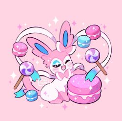 Rule 34 | + +, ;d, artist name, blush stickers, candy, commentary, creatures (company), fang, food, game freak, gen 6 pokemon, happy, leaphere, lollipop, macaron, nintendo, one eye closed, open mouth, pink background, pokemon, smile, sparkle, star (symbol), sylveon