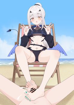 Rule 34 | 1girl, barefoot, beach, blush, censored, chair, clothed female nude male, cum, double v, ejaculation, fate/grand order, fate (series), feet, footjob, highres, long hair, lounge chair, melusine (fate), melusine (swimsuit ruler) (fate), nude, open mouth, ponytail, soles, toes, v, white hair, wl217 (nicexa111), yellow eyes