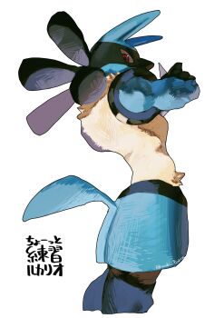 animal_ears blue_fur character_name colored_sclera crossed_arms gen_4_pokemon highres looking_at_viewer looking_down lucario multicolored_fur nintendo no_humans ookiitora128706 pokemon pokemon_(creature) pokemon_focus red_eyes simple_background solo standing tail twitter_username white_background yellow_fur