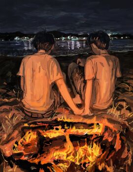2boys absurdres beach black_hair burning campfire couple fire highres holding_hands male_focus minahamu multiple_boys night original reflection reflective_liquid shirt shorts sketch sky white_shirt yaoi